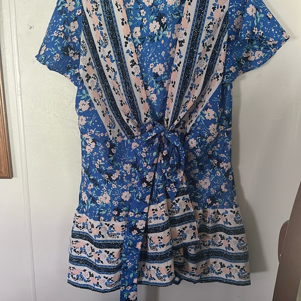 Blue floral and pink dress. Very cute! From Amazon.
